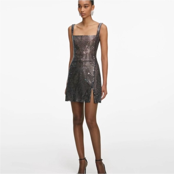 Self-Portrait Gunmetal Rhinestone Mesh Mini Dress US4 - Picture 3 of 8